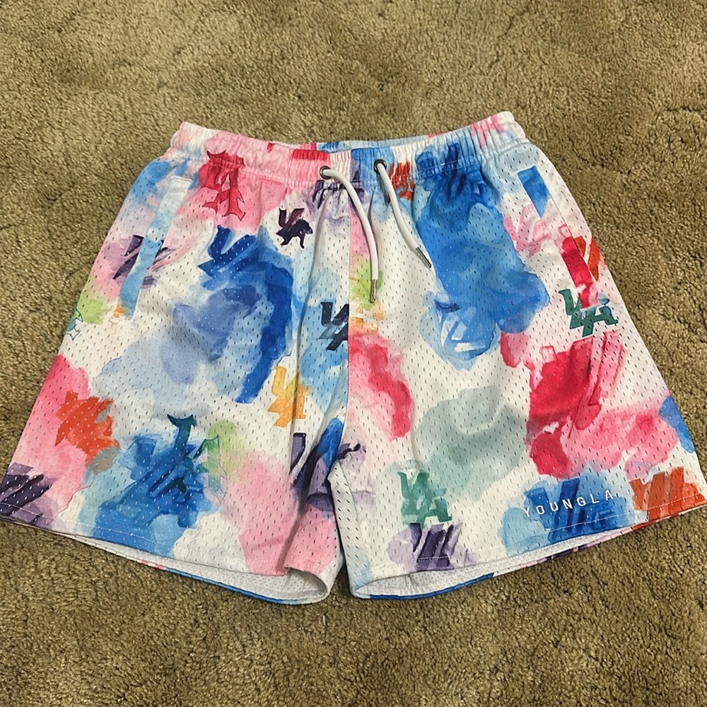 YoungLA Multi-Color Watercolor Mesh Athletic Shorts - White Base